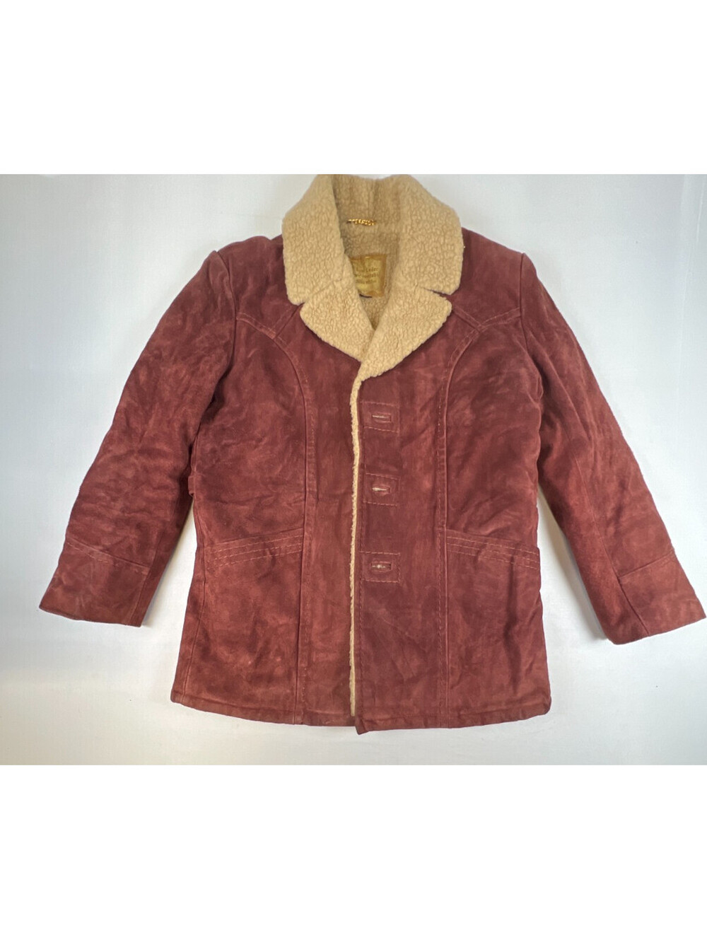 Sung Woo Women 50 Burgundy Suede Leather Sherpa Shearling Lined Coat Vintage